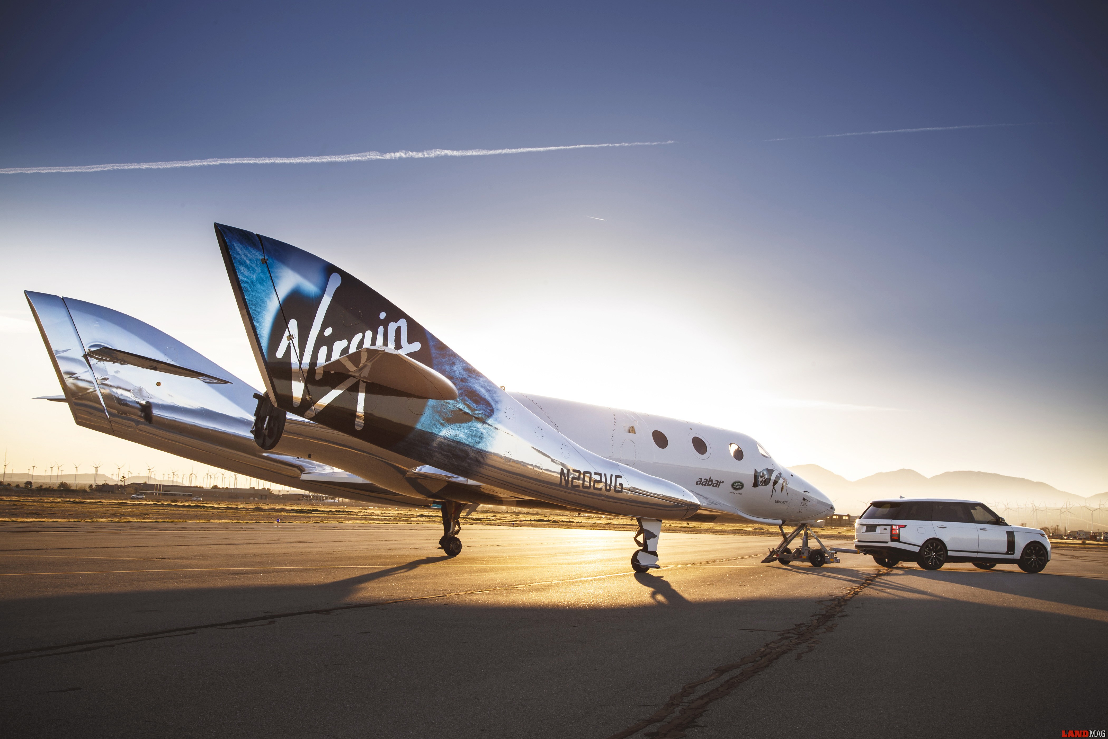 Land Rover’s partnership with Virgin Galactic celebrated as Range Rover Autobiography tows new spaceship VSS Unity at global reveal and naming event with Sir Richard Branson at the Mojave Air and Space Port, California, USA
